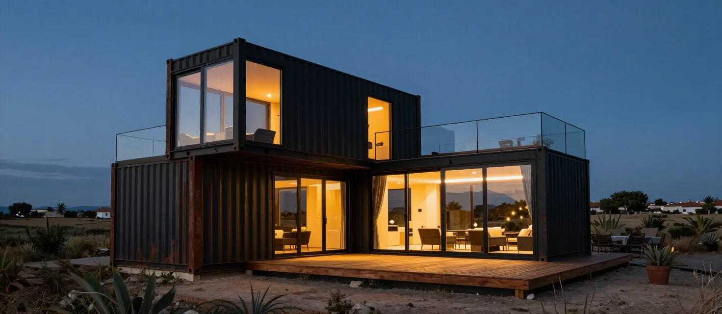 Casa moderna construida con contenedores marítimos al atardecer, con luces cálidas encendidas