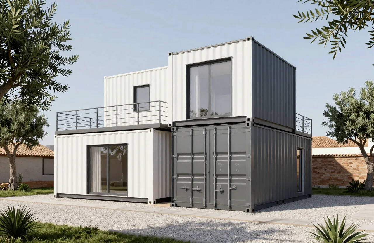 Casa familiar de dos plantas construida con dos contenedores cruzados