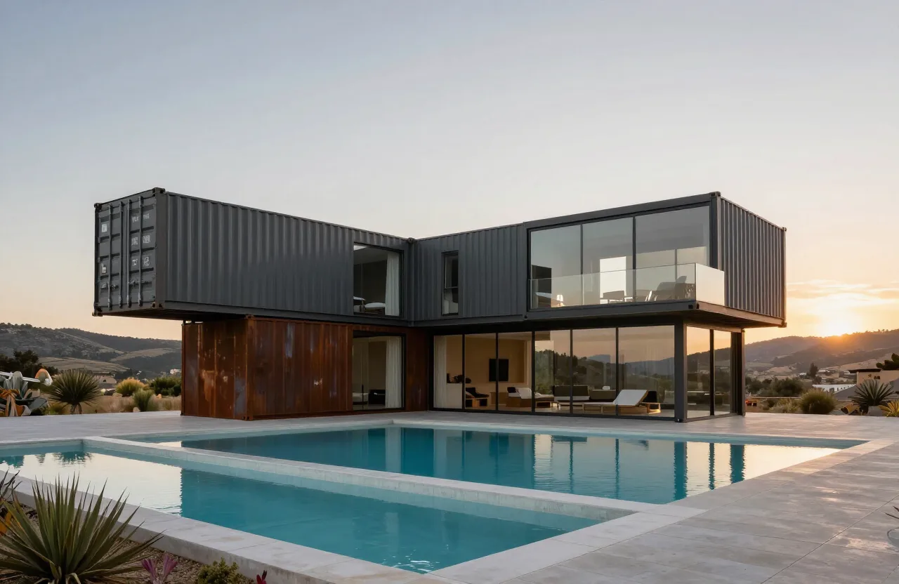 Villa en forma de L montada con cuatro contenedores y piscina
