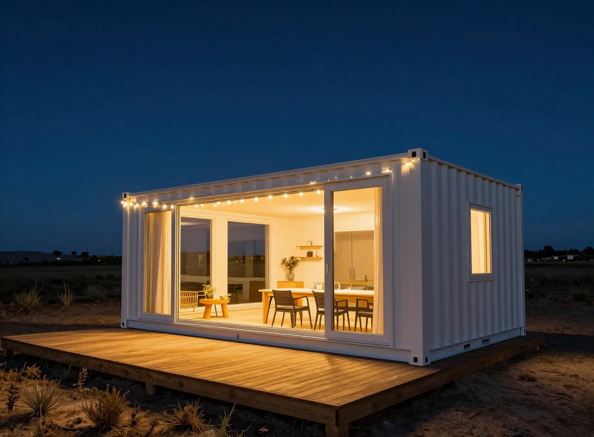 Exterior nocturno de una casa contenedor con terraza iluminada