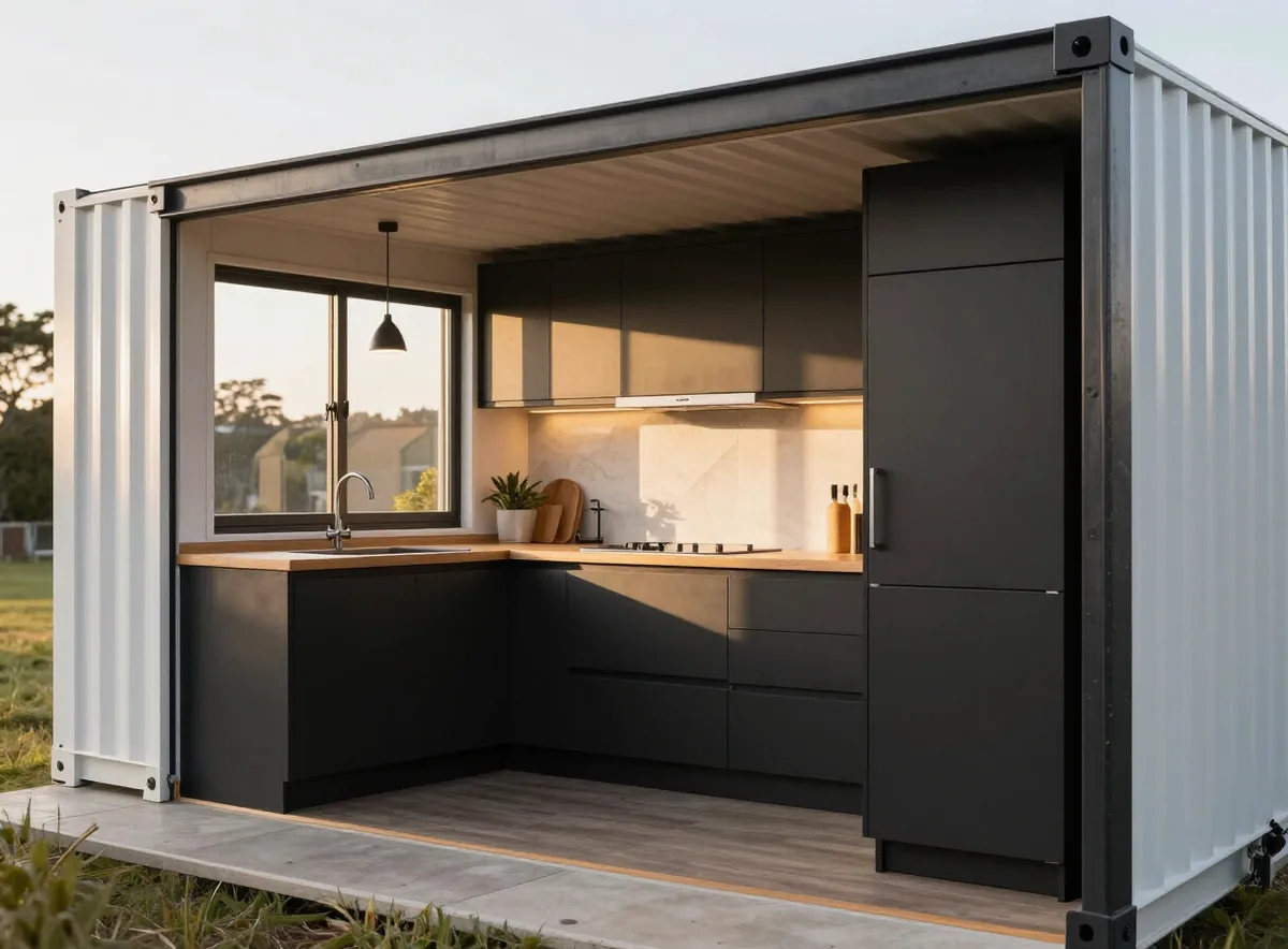 Cocina compacta con armarios negros en una casa contenedor