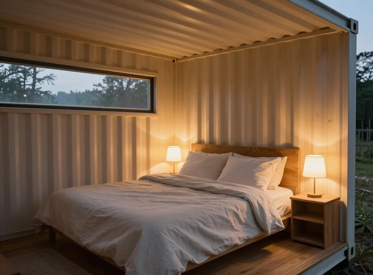 Dormitorio con panel de madera en una casa contenedor
