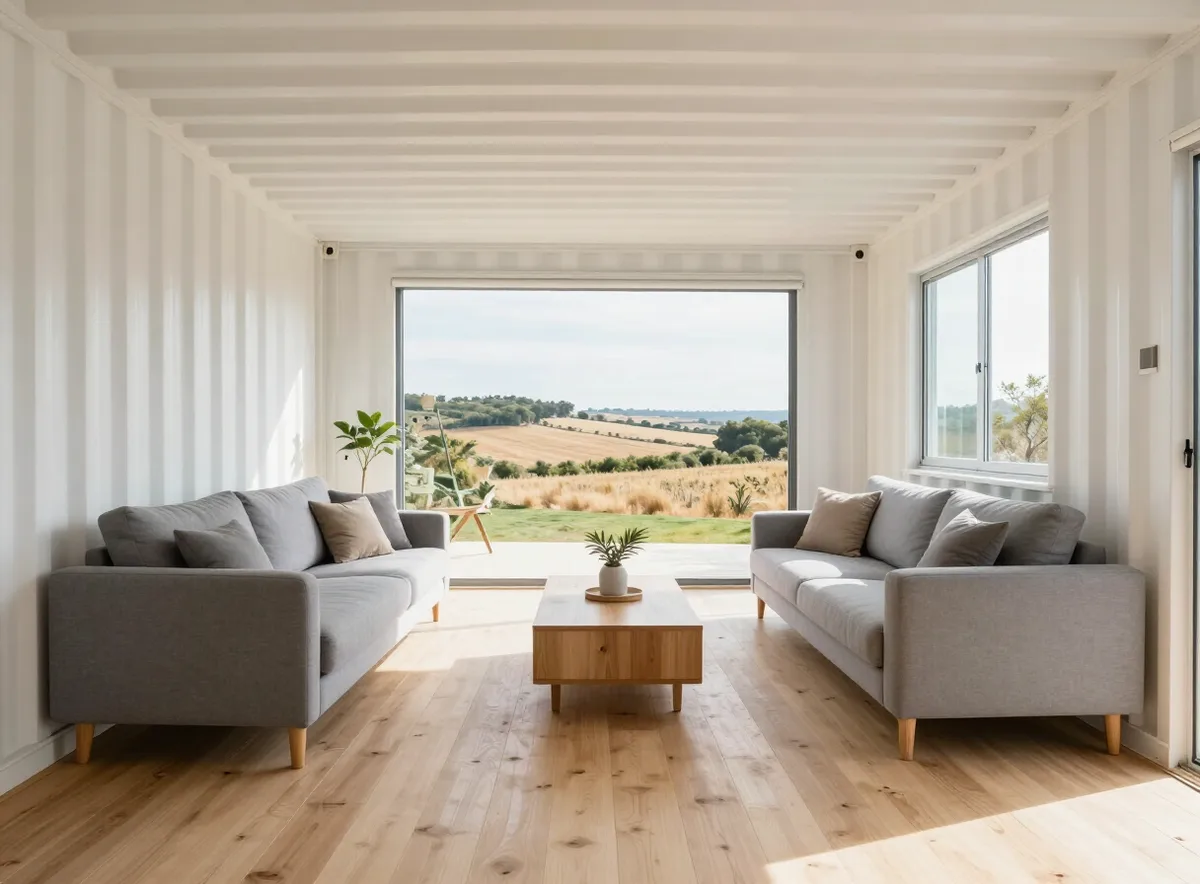 Interior luminoso de una casa contenedor con salón y cocina equipados