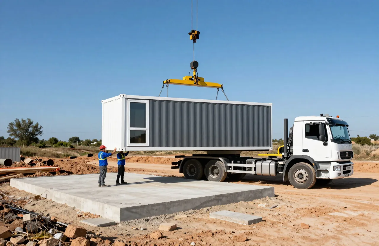Camión grúa colocando un módulo de vivienda sobre la cimentación
